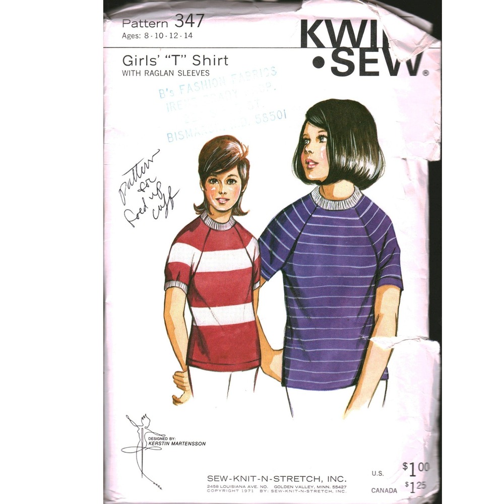 Vintage 1971 Kwik Sew 347 Girls T Shirt Raglan Sleeve Sewing Pattern Size 8-14